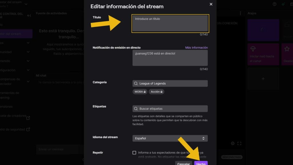 cambiar titulo del directo en twitch